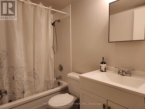 A bathroom with a shower curtain, toilet, sink, and mirror.