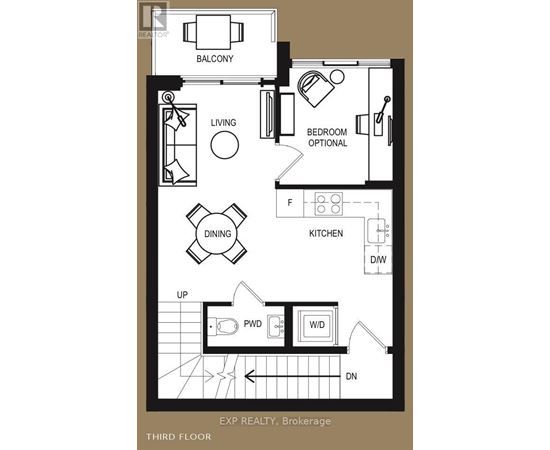 A floor plan of a third-floor apartment with a balcony, living room, dining room, kitchen, and optional bedroom.