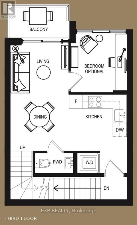 A floor plan of a third-floor apartment with a balcony, living room, dining room, kitchen, and optional bedroom.