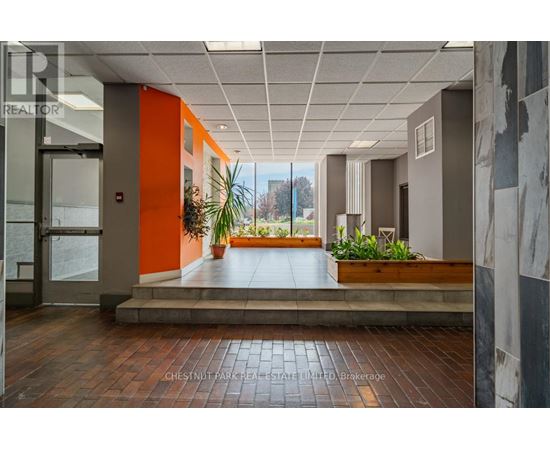 A hallway with a plant on the steps.
