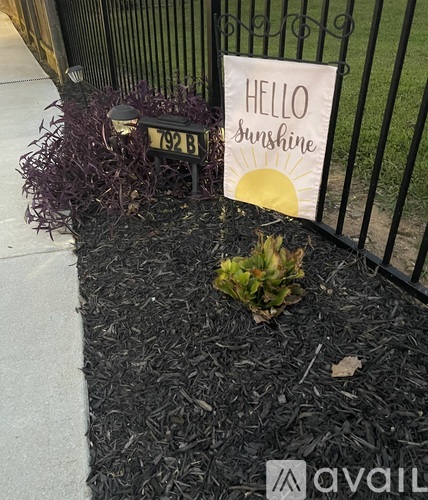 A sign that says "Hello Sunshine" is placed on a black mulch.