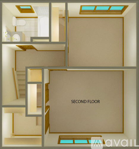 A floor plan of a second floor apartment with a staircase.