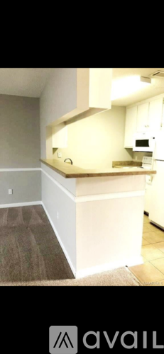 A kitchen area with a counter and cabinets.