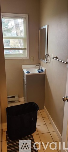 A bathroom with a sink, mirror, and a window.