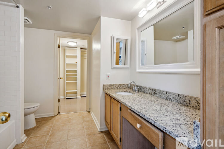 A bathroom with a marble countertop and a walk-in shower.