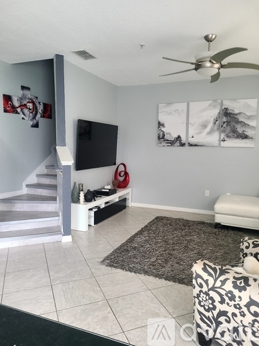 A living room with a television, a couch, and a rug.
