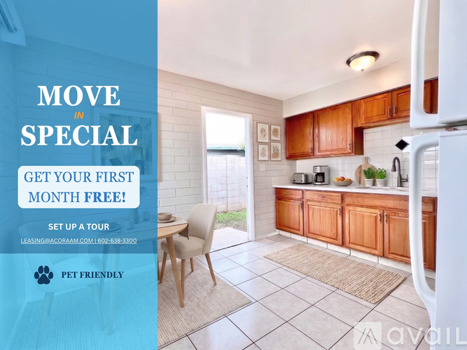 A kitchen interior with a sign offering a first month free for a special move in.