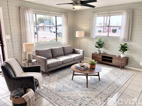 A living room with a grey sofa, a black chair, a wooden coffee table, and a rug.
