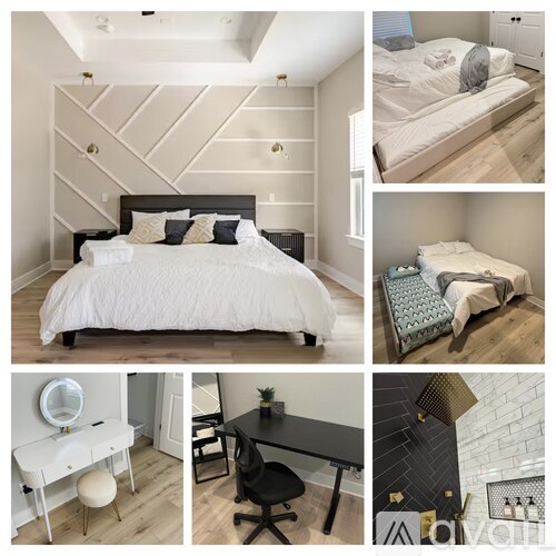 A collage of bedroom images with a focus on beds and a desk.