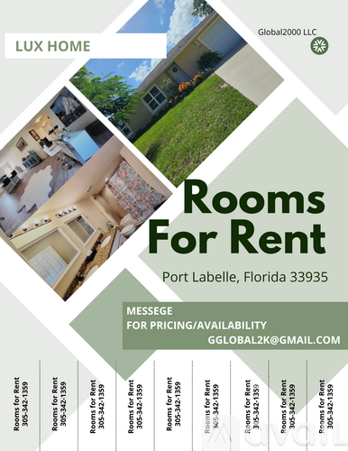 A flyer for a luxury home with rooms for rent in Port Labelle, Florida.