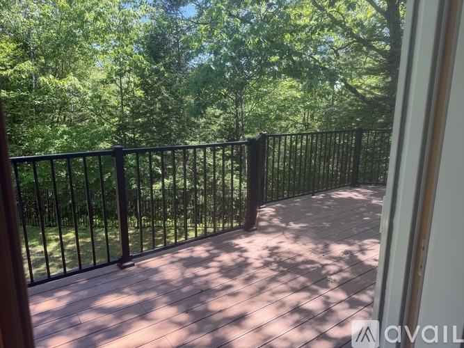 A balcony with a black railing overlooks a wooded area.