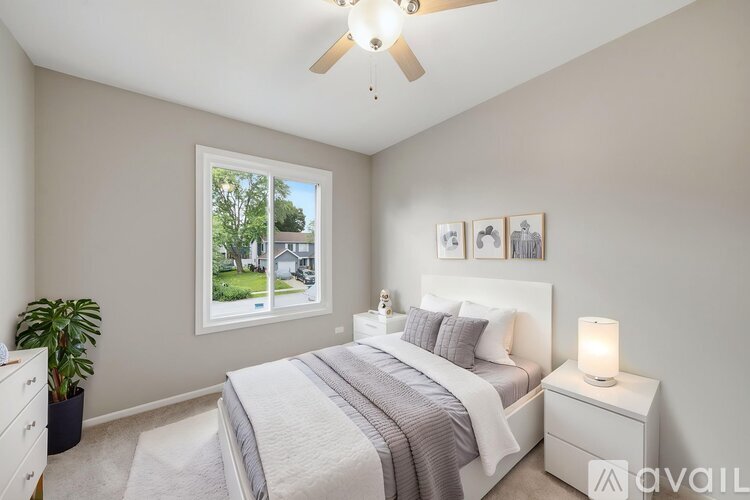 A well-lit bedroom with a large bed and a ceiling fan.