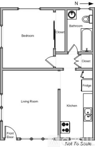 A drawing of a floor plan of a room with a living room, kitchen, and two closets.