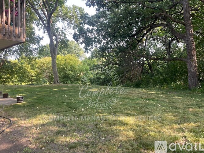 A grassy area with trees and a wooden deck.