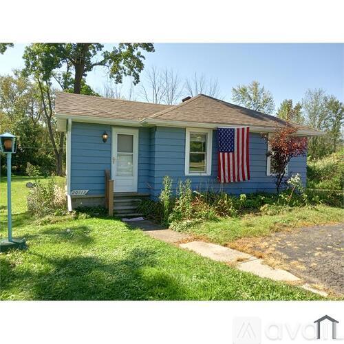 A small blue house with an American flag on the front.