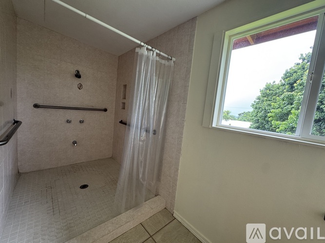 A bathroom with a walk-in shower and a window overlooking trees.