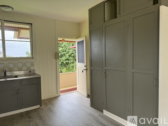 A kitchen with grey cabinets and a sink.