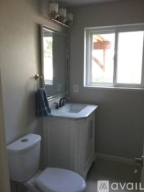 A bathroom with a toilet, sink, and mirror.