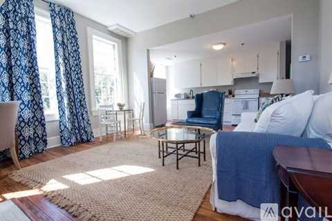 A living room with a couch, chair, and a rug.