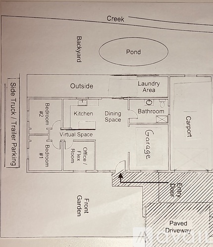 A drawing of a house layout with a pond and creek outside.