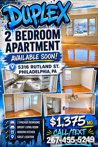 A Duplex apartment with two bedrooms is available for rent in Philadelphia, PA.