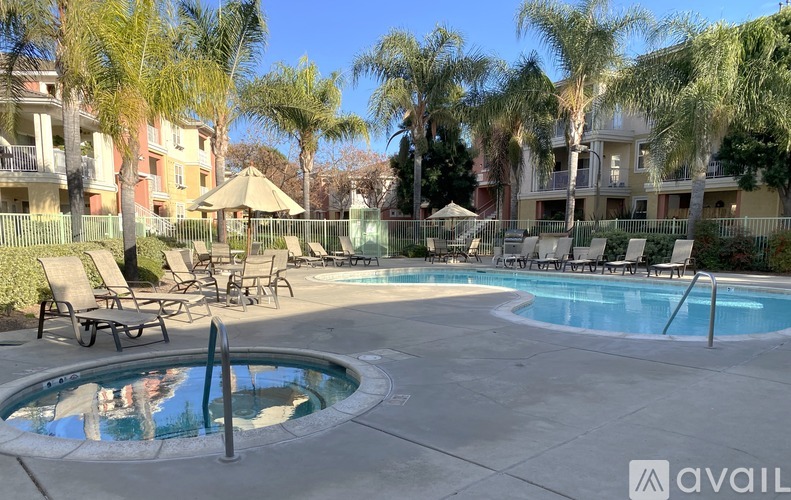 A pool surrounded by palm trees and lounge chairs.
