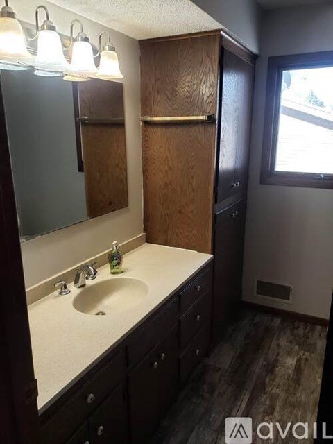 A bathroom with a sink and a mirror.