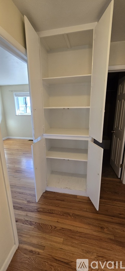A white pantry with an open door and wooden floors.