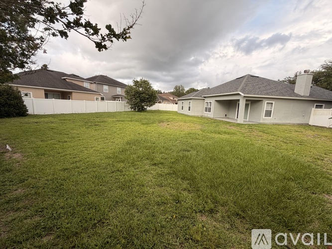 A grassy backyard with a house and a tree branch in the foreground.