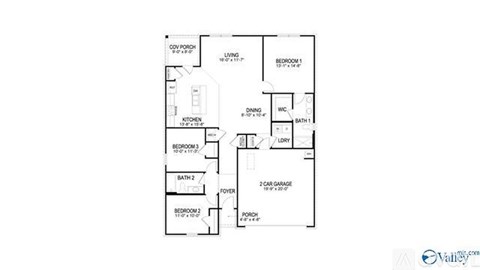 A floor plan of a house with a living room, dining room, kitchen, two bedrooms, a bathroom, a porch, and a 2-car garage.