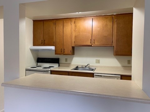 A kitchen with wooden cabinets and a stove top oven.