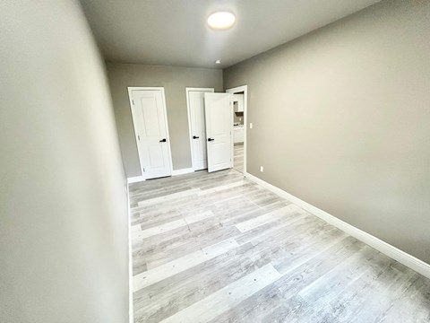 A hallway with three white doors and a wooden floor.