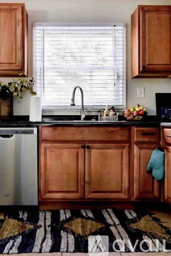 A kitchen with wooden cabinets and a black and white striped rug.