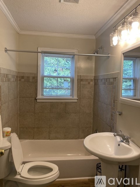 A bathroom with a tub, toilet, and sink.