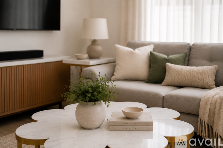 A living room with a grey couch, a white coffee table, and a wooden cabinet.
