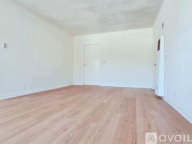A room with wooden flooring and a white door.