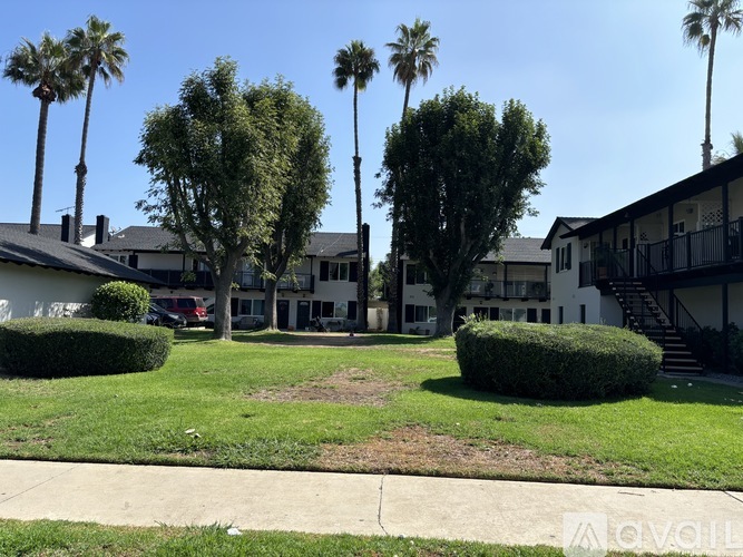 A sunny day at a residential area with palm trees and apartment buildings.