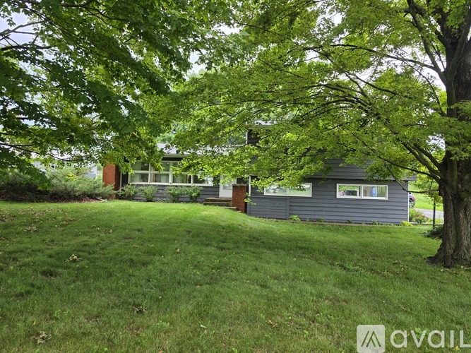 A house with a grey exterior is surrounded by greenery.