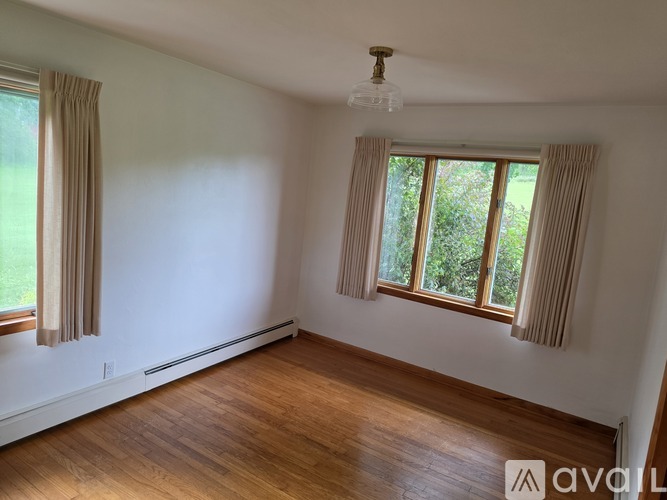A room with wooden floors and two windows with curtains.