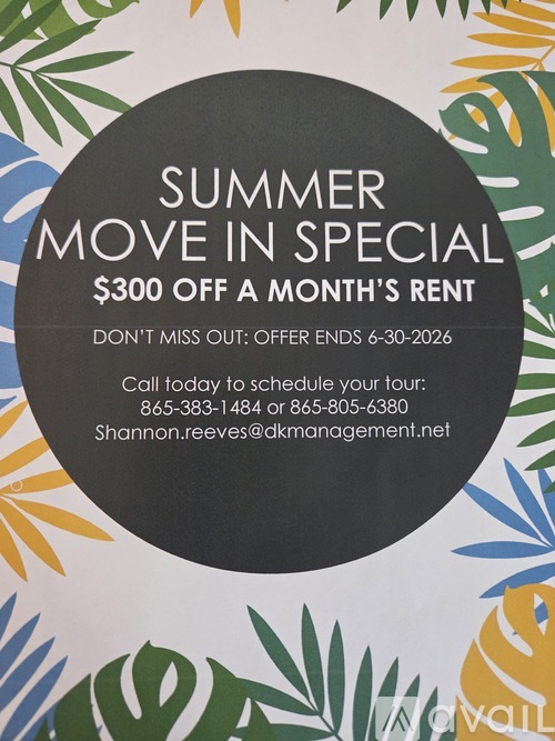 A promotional image for a summer move in special offering $300 off a month's rent.