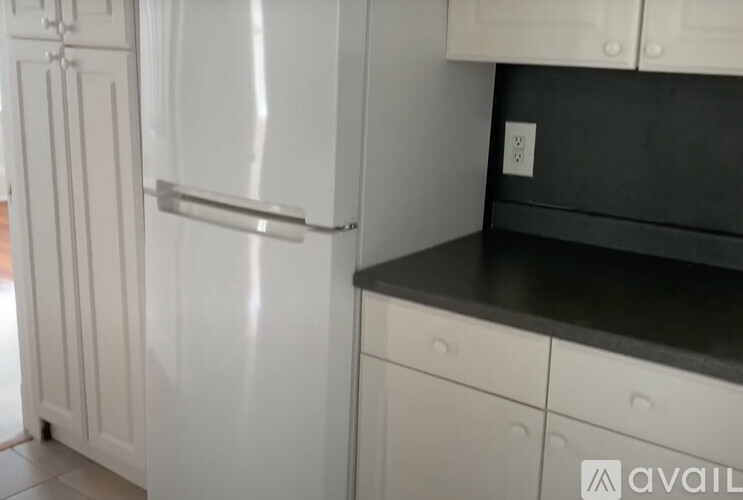 A white refrigerator with a silver handle sits next to a black countertop.