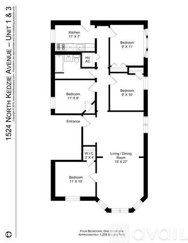 A floor plan of an apartment at 1524 North Kedzie Avenue, Unit 1 & 3, showing a kitchen, living room, dining room, and four bedrooms.
