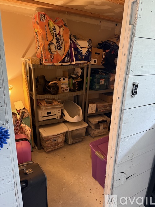 A small, cluttered storage space with various items on shelves and the floor.