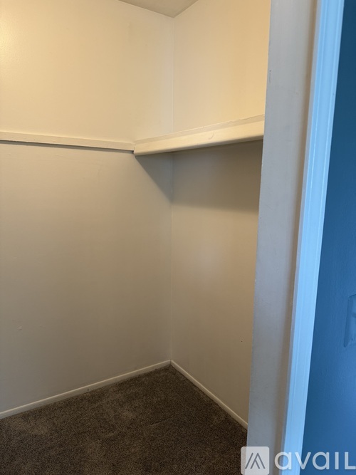 A room with a carpeted floor and a white wall.
