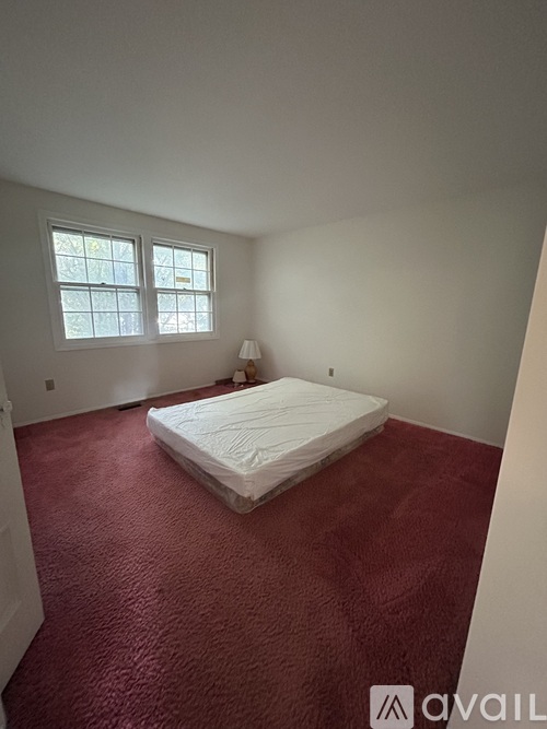 A bedroom with a bed, carpet, and a window.