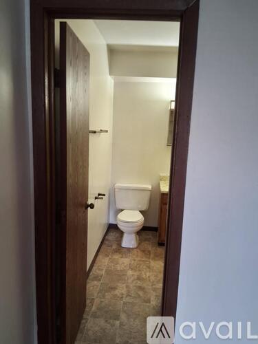 A bathroom with a toilet and a wooden door.