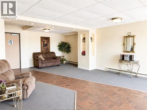 A living room with a brown couch and a grey rug.