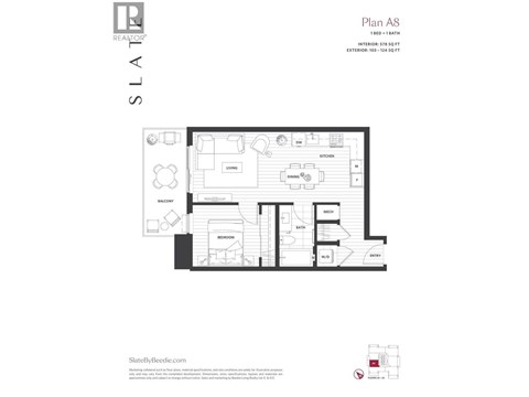 A floor plan of a residence with a living room, dining room, kitchen, and two bedrooms.