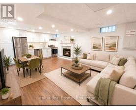A well-lit, modern living room with a dining area and a fireplace.