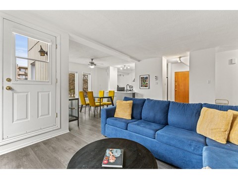 A blue couch with yellow pillows is in the foreground of a bright living room.